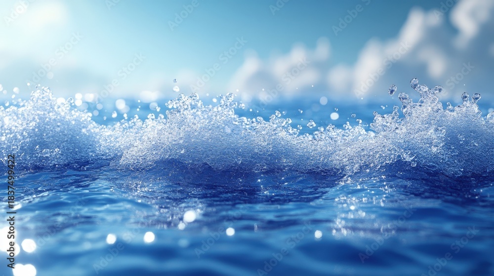 Fototapeta premium A serene digital rendering depicts a tranquil ocean scene emphasizing the dynamic water surface and the delicate bubbles rising from wave movement. Symmetrical composition.