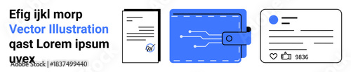 Digital finance, online security, social media, data storage, fintech, user interface. are a wallet with circuit lines, a verified document and a social profile card. Digital finance and online