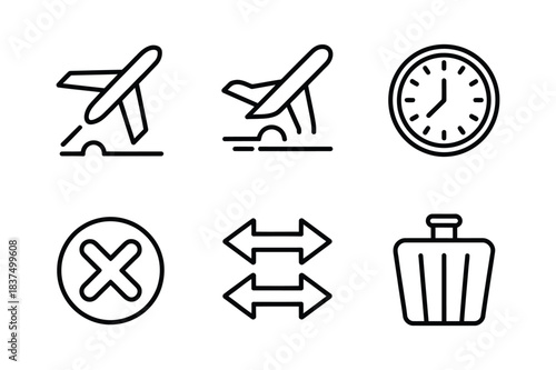 Airplane takeoff landing clock cancel exchange luggage icon set isolated on white