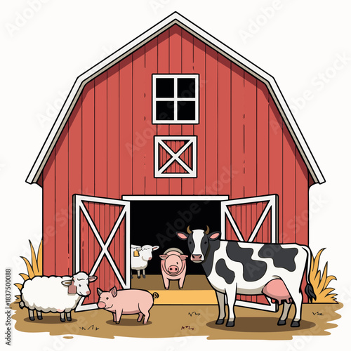 Vector a cartoon farm scene showing a red barn with various farm animals around and inside it