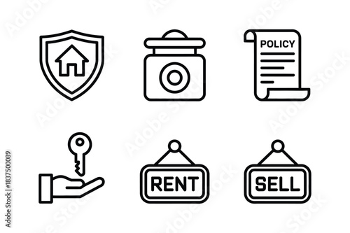 Real estate and property icons set insurance, key, policy, rent, sell isolated on white