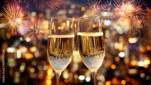 Wine party celebration, new year eve champagne glasses celebration. Two champagne flutes filled with a sparkling beverage on dark backdrop of fireworks and bokeh lights background 