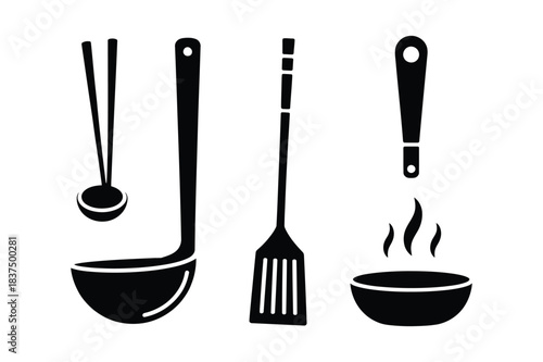 Set of kitchen utensils icons ladle, spatula, and serving spoon isolated on white background