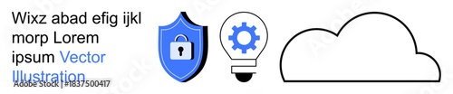 Cybersecurity, data storage, cloud computing, innovation, privacy protection, online security. Blue shield with lock, gear inside a lightbulb and a cloud. Cybersecurity and data storage concepts