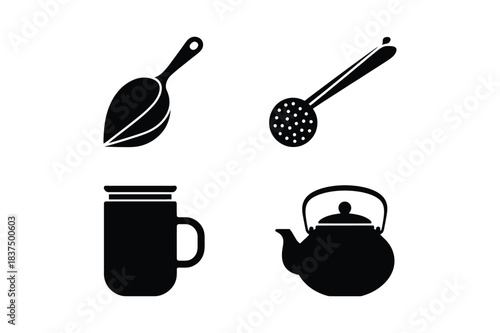 Set of four kitchen utensils icons scoop, tea strainer, mug, and teapot isolated on white background