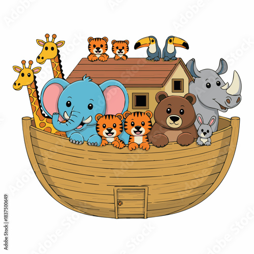 Vector illustration of noah's ark filled with various animals including giraffes tigers and elephant