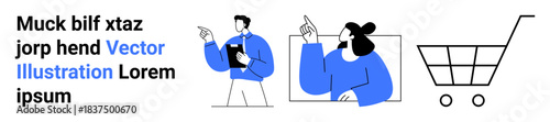 Team collaboration, online shopping, customer service, e-commerce, workplace management, marketing strategies. A man pointing with clipboard and a woman gesturing near a shopping cart icon. Teamwork