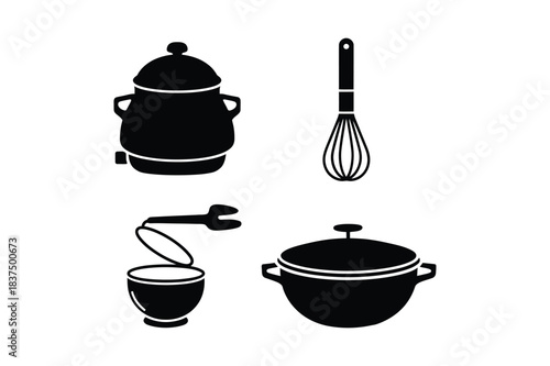 Collection of kitchen cooking utensils and pots isolated on white background