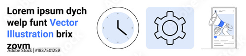Clock representing time management, gear symbolizing configuration, and mobile megaphone showcasing digital marketing. Ideal for productivity, innovation, scheduling, marketing, settings, technical