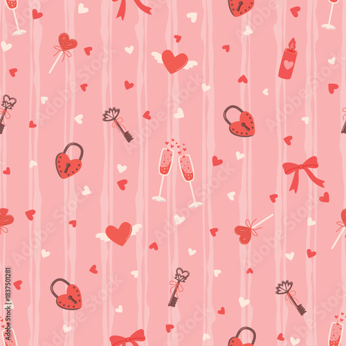 Love-themed seamless pattern with lock, key, bow, heart-shape candy, heart with wings, glasses of champagne. Red, white and brown colors on pink background with vertical stripes. Vector design.
