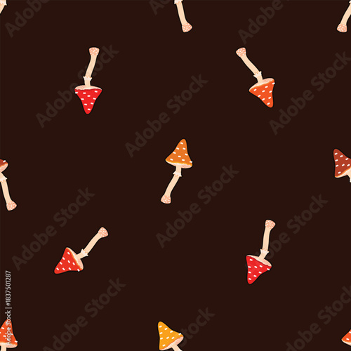 Fly agaric mushrooms seamless pattern. Colored botanical objects are arranged chaotically on a dark brown background. Print on fabric and paper. Vector design for textile, endless wallpaper, cover.
