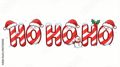 Ho Ho Ho Playful Christmas Typography Candy Cane Letters Santa Hats Snowman Holly Cute Festive Lettering Design