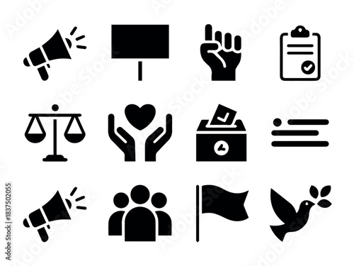 Vector collection of political activism and social justice icons in black silhouette style vector
