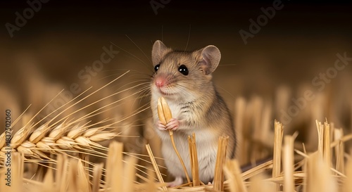 A small field mouse stands upright, holding a stalk of wheat in its paws, surrounded by golden wheat stalks in a rural setting.