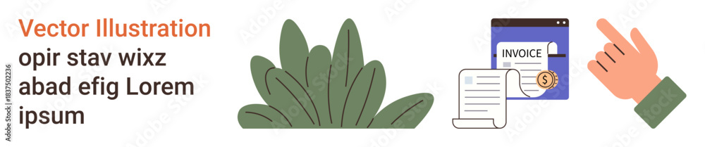 Naklejka premium Payment processing, accounting, financial management, invoice creation, billing concepts, online transactions. Graphics an invoice, receipt and a pointing hand. Payment processing and accounting