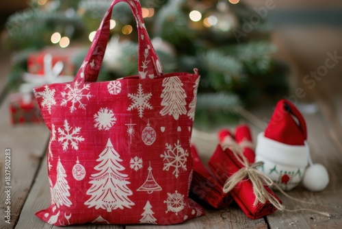 A festive red linen fabric bag with a delicate white Christmas design, ideal for holding holiday presents and surprises.