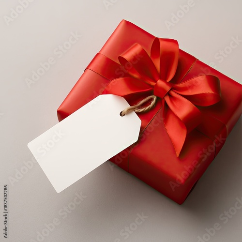 Minimalist Christmas gift mockup showing a luxurious red wrapped box with a decorative bow and blank hanging tag, perfectly suited for designers creating personalized name tags, branding, greetings.