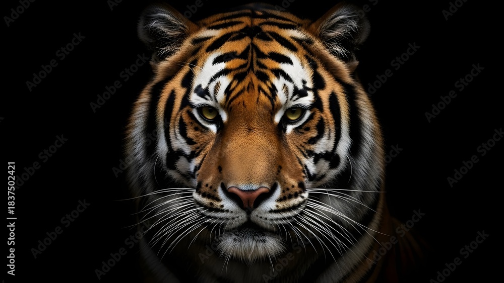 Obraz premium Majestic tiger Portrait: An up-close portrait of a majestic tiger stares intently, its striking black and orange stripes contrasting against a dark background.