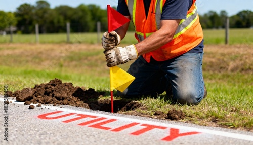 Medium shot of a worker using colored flags to mark underground utility lines along a grassy roadside for safe excavation.