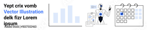 Data analysis, artificial intelligence, automation, business planning, productivity management, workflow. Robot interacting with data charts and calendar. Data analysis and artificial intelligence