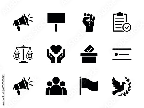 Vector collection of twelve black and white icons representing social justice and activism themes