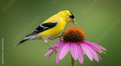 A vibrant American Goldfinch with bright yellow plumage and black wings perches delicately on a blooming purple coneflower, set against a soft green background.