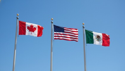 Fototapete Kanada National flags of Canada, United States, and Mexico waving proudly under a bright blue sky, symbolizing North American unity, cooperation, and international relations  © Varos