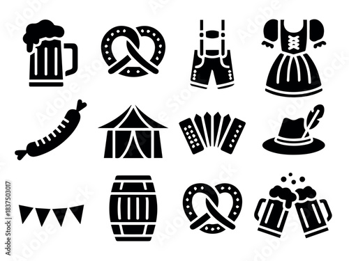 Vector oktoberfest icons featuring beer mugs, pretzels, sausage, and traditional german attire