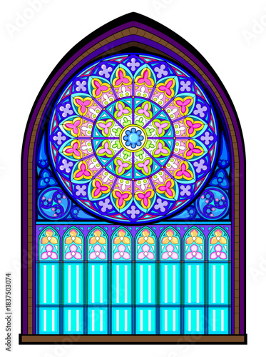 Gothic window with rose. Fantasy drawing of beautiful stained glass window from Church of Our Lady of the Carmelites in Pont-l'Abbe. Medieval French architecture. Hand drawn vector illustration.
