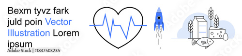 Healthcare, innovation, sustainability, food security, science, farming. Heartbeat monitor, rocket and food icons with wheat and fish. Healthcare and innovation through visuals
