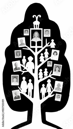 Black and white silhouette of a family tree with photographs — family tree and memory. Ideal for prints, postcards and family projects. Vector graphics. EPS_02.