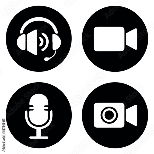 Vector four black circles displaying white icons of a headset, two cameras, and a microphone symbol