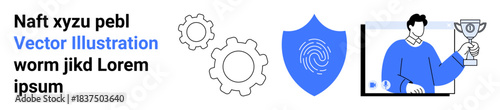 Cybersecurity, identity verification, achievement recognition, teamwork, digital authentication, innovation. Shield with fingerprint, gears and a person holding a trophy. Cybersecurity and identity