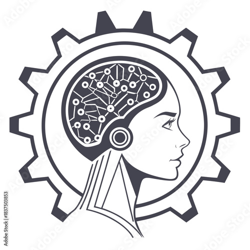 Woman's Head with Exposed Circuit Board Brain Inside Gear Cog, Artificial Intelligence Concept