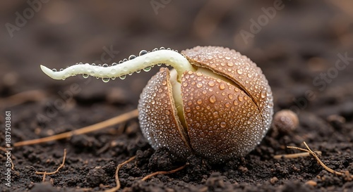 A close-up shot of a single seed germinating in dark soil, covered in tiny water droplets.