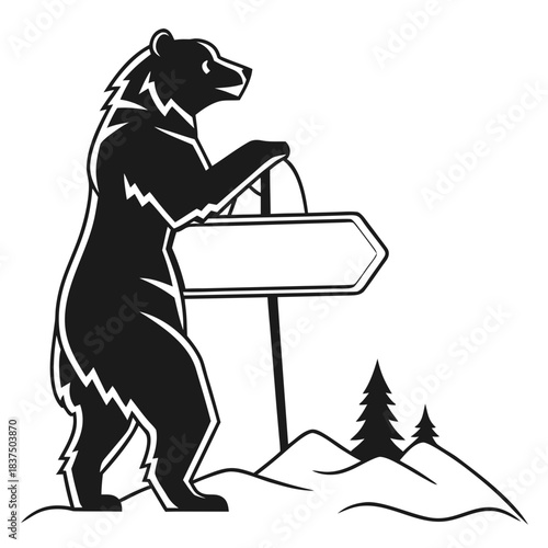 Black bear standing next to directional signpost in mountainous landscape illustration