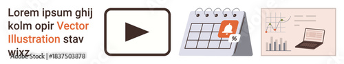 Digital scheduling, data analysis, reminders, content creation, productivity, online tools. Play button, calendar with alert and analytics chart with graphs and laptop. Digital scheduling and data