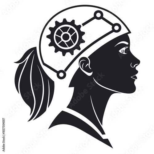 Woman with gear and cog in head, symbolizing innovation and technology concept