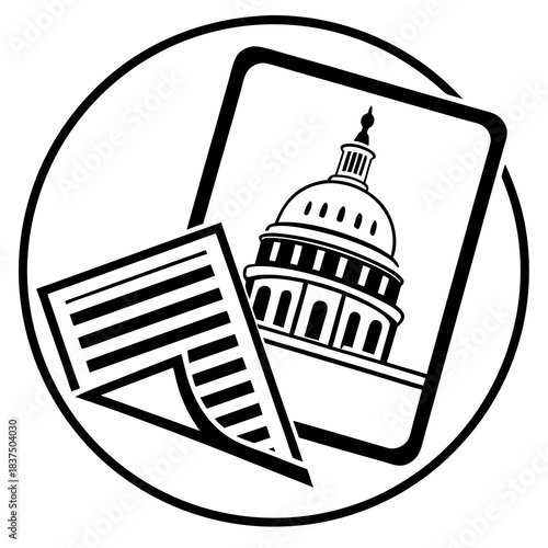 Black and white illustration of US Capitol building with documents in a circle