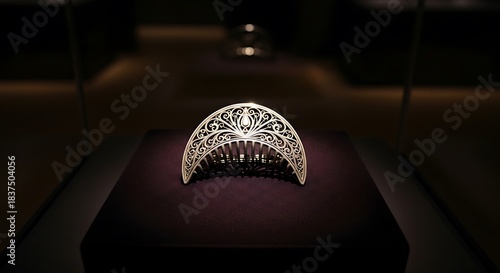 An exquisite diamond tiara or hair ornament displayed in a dimly lit museum exhibition, showcasing its intricate design and sparkling jewels.