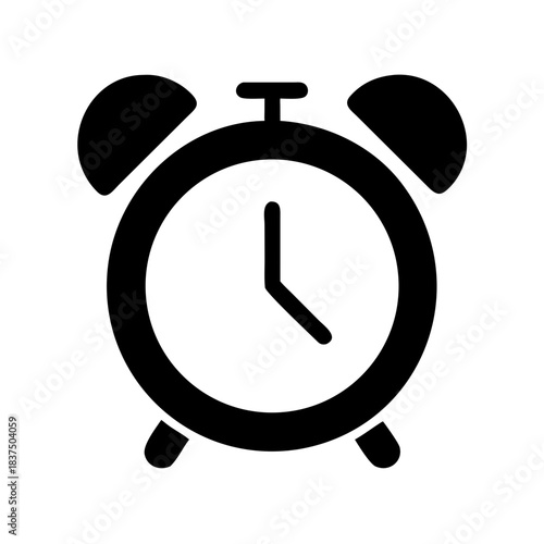 Black and white illustration of an alarm clock icon on a plain background