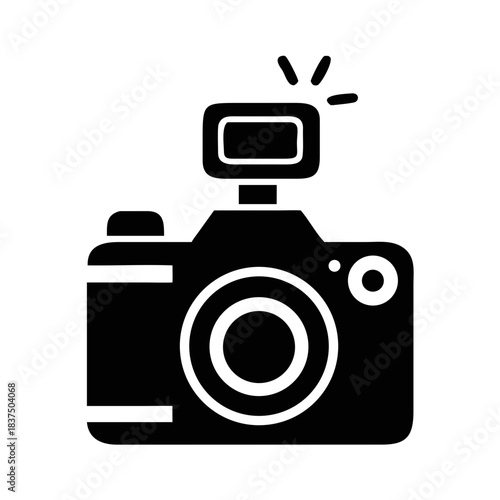 Black and white camera icon with flash, photography symbol, simple graphic design element