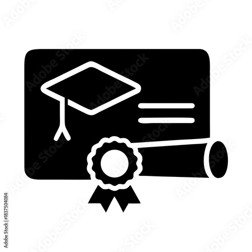 Black and white icon of a graduation certificate with cap and scroll