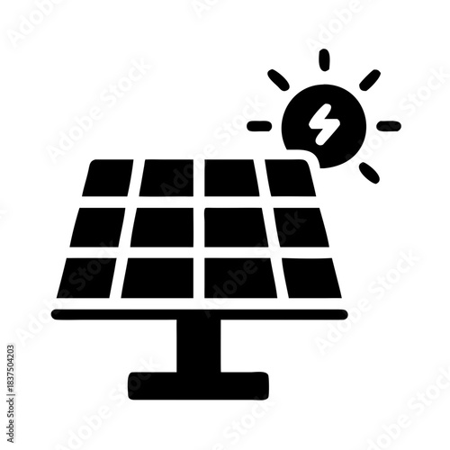 Solar panel icon with sun and lightning bolt, renewable energy symbol