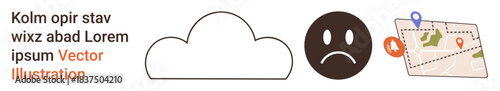 Navigation, emotions, mental health, location services, user experience, mapping. Cloud, sad face map with location pin icons. Location services and emotions visual