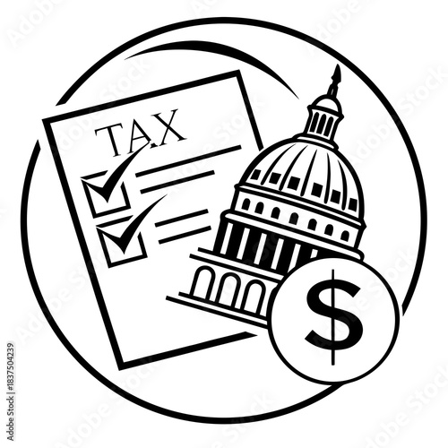 Taxation and Government Icon: Capitol Building, Dollar Sign, and Tax Form in Circle