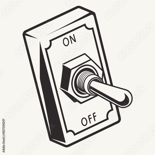 Light switch illustration with on and off positions, toggle button graphic design element