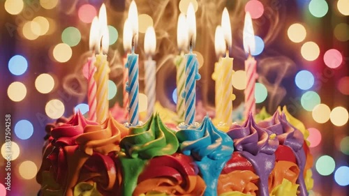 Festive rainbow birthday cake with lit candles creating a joyful celebration atmosphere perfect for birthdays, parties, and special occasions video