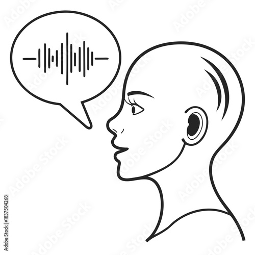 Woman wearing earpiece with sound wave in speech bubble, voice assistant concept