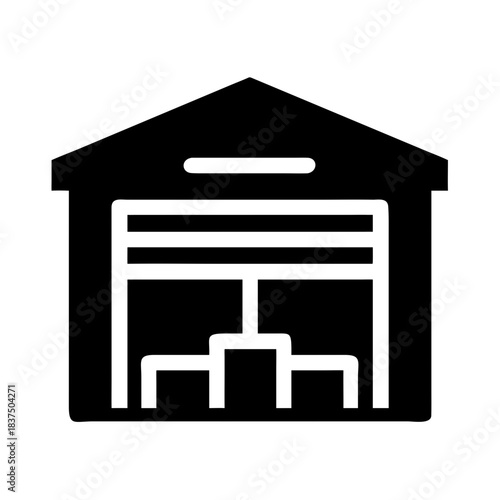 Black and white icon of a garage or warehouse with a gable roof